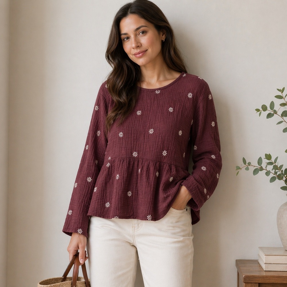 Madewell Top Embroidered Floral Peplum Burgundy Gauze Tie Back Boho Casual‎ SM